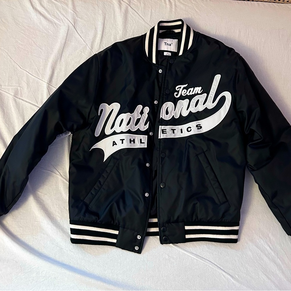 Aritzia TNA Stadium Black Bomber Jacket Oversized Varsity